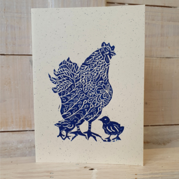 Linoldruckkarte Huhn blau