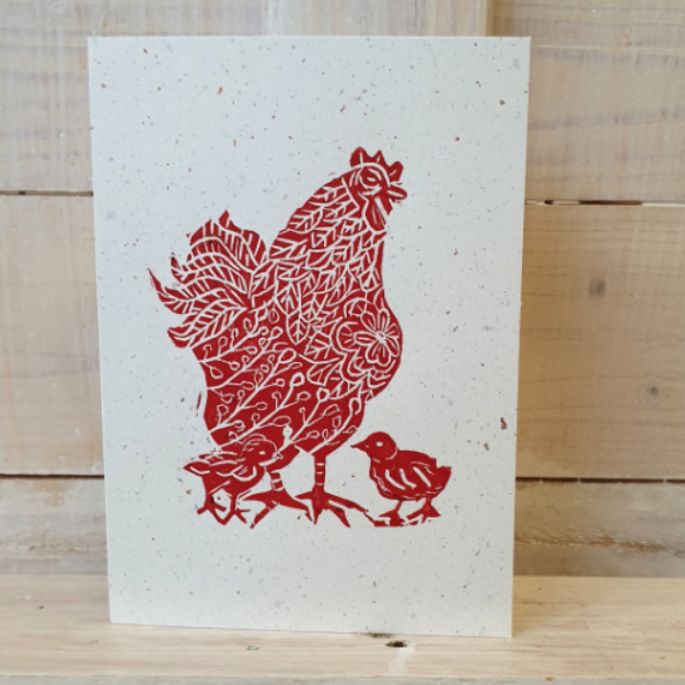 Linoldruckkarte Huhn rot