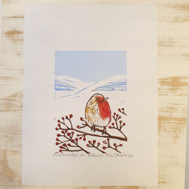 Linoldruck Schneelandschaft mit Rotkehlchen